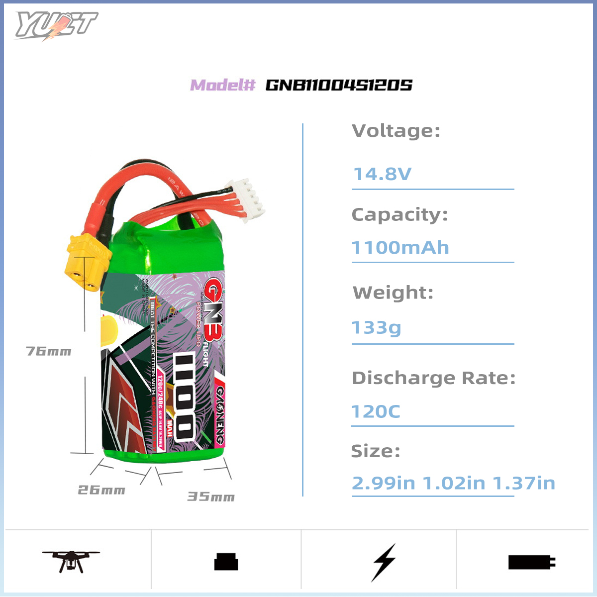 YUCT GNB 6S LiPo Battery 22.2V - огляд і ціна Drone Battery 4S