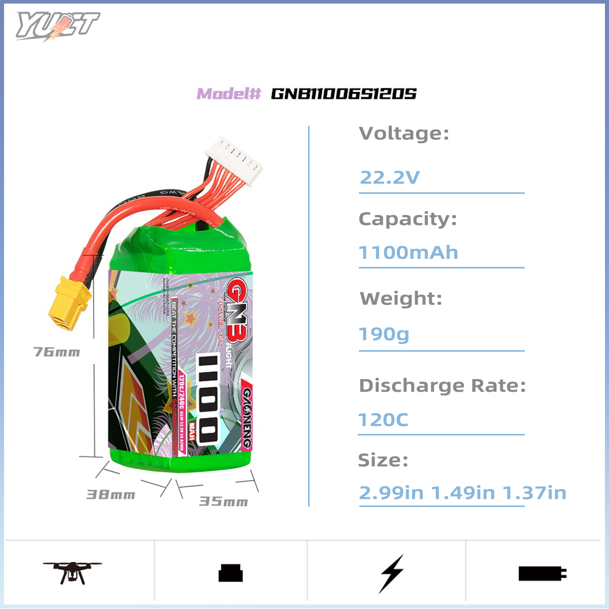 YUCT GNB 6S LiPo Battery 22.2V - огляд і ціна Drone Battery 4S
